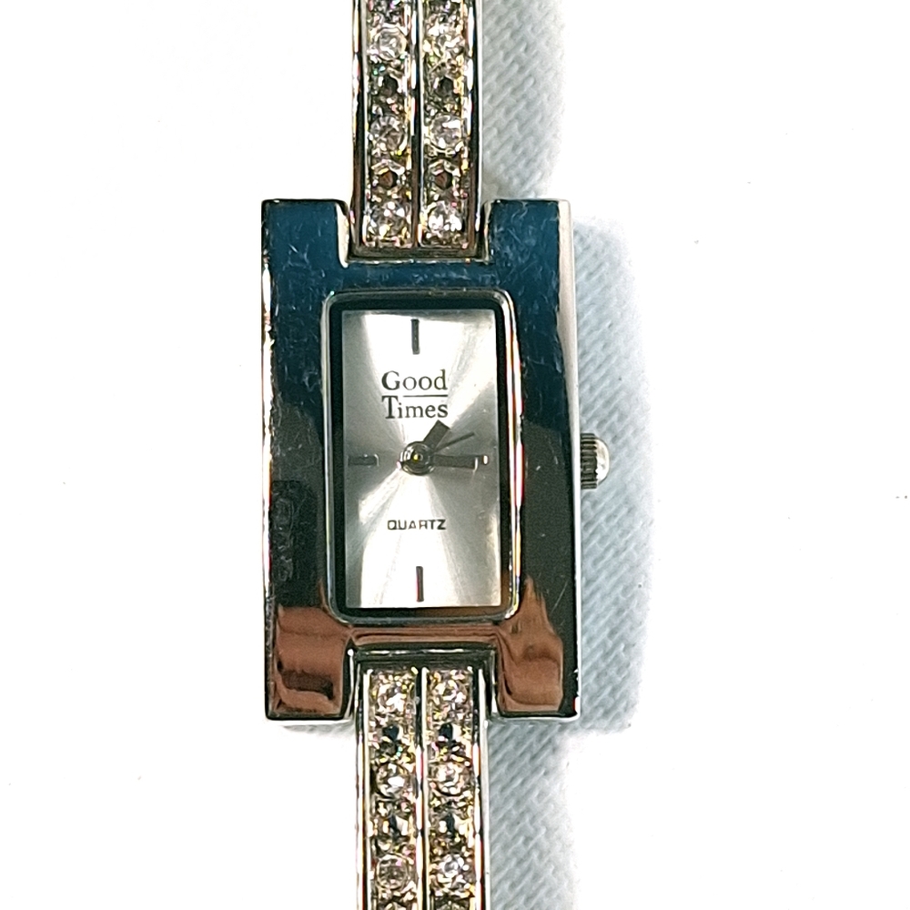 Good Times Vintage Silver Tone Rectangle Rhinestone Watch, New Battery